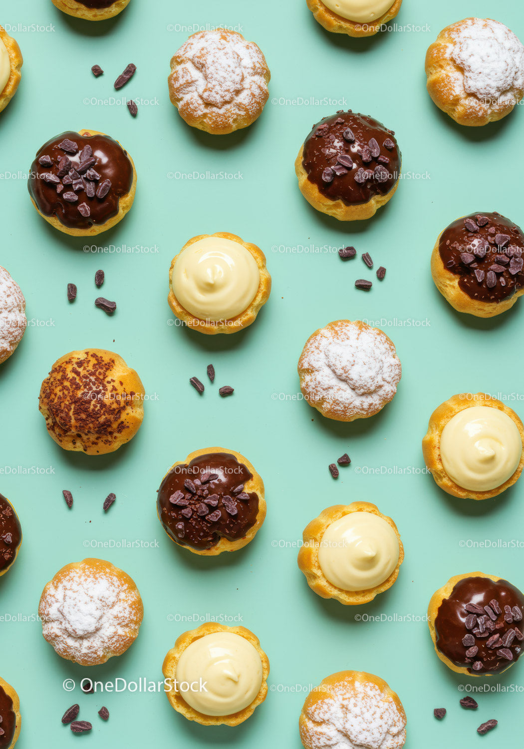 Assorted cream-filled dessert tarts on pastel background