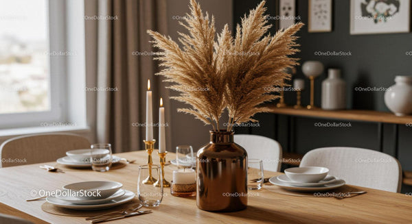 Elegant Dining Table Decor with Pampas Grass and Candles in Warm Interior