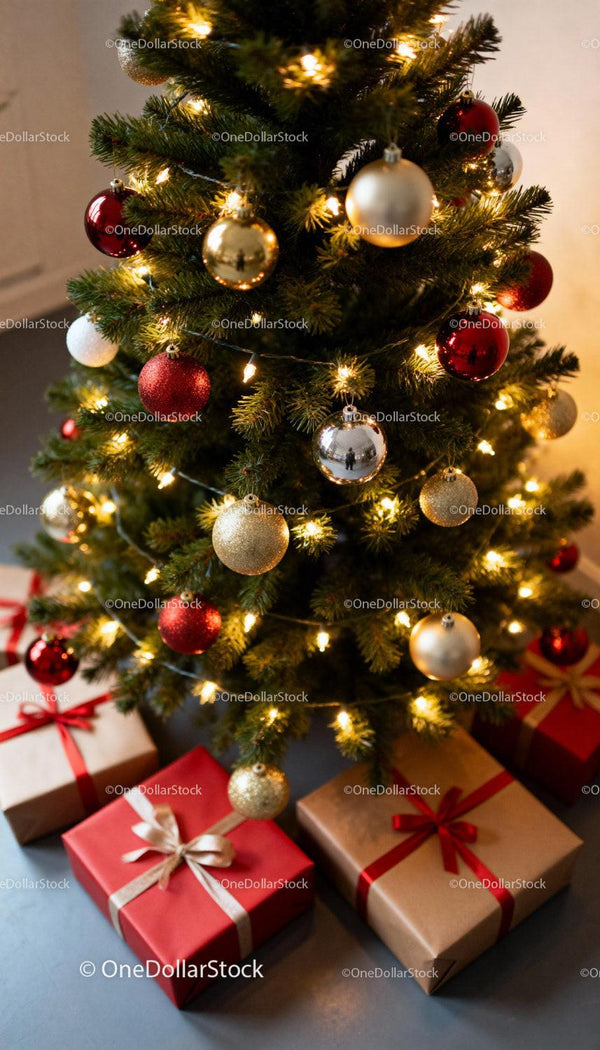 Decorated Christmas tree with glowing lights and gifts
