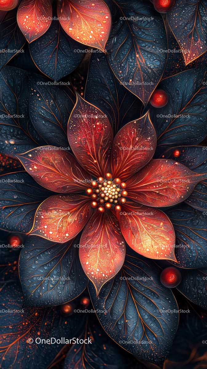 Vibrant Digital Illustration of Glowing Leafy Flower in Deep Blue and Orange