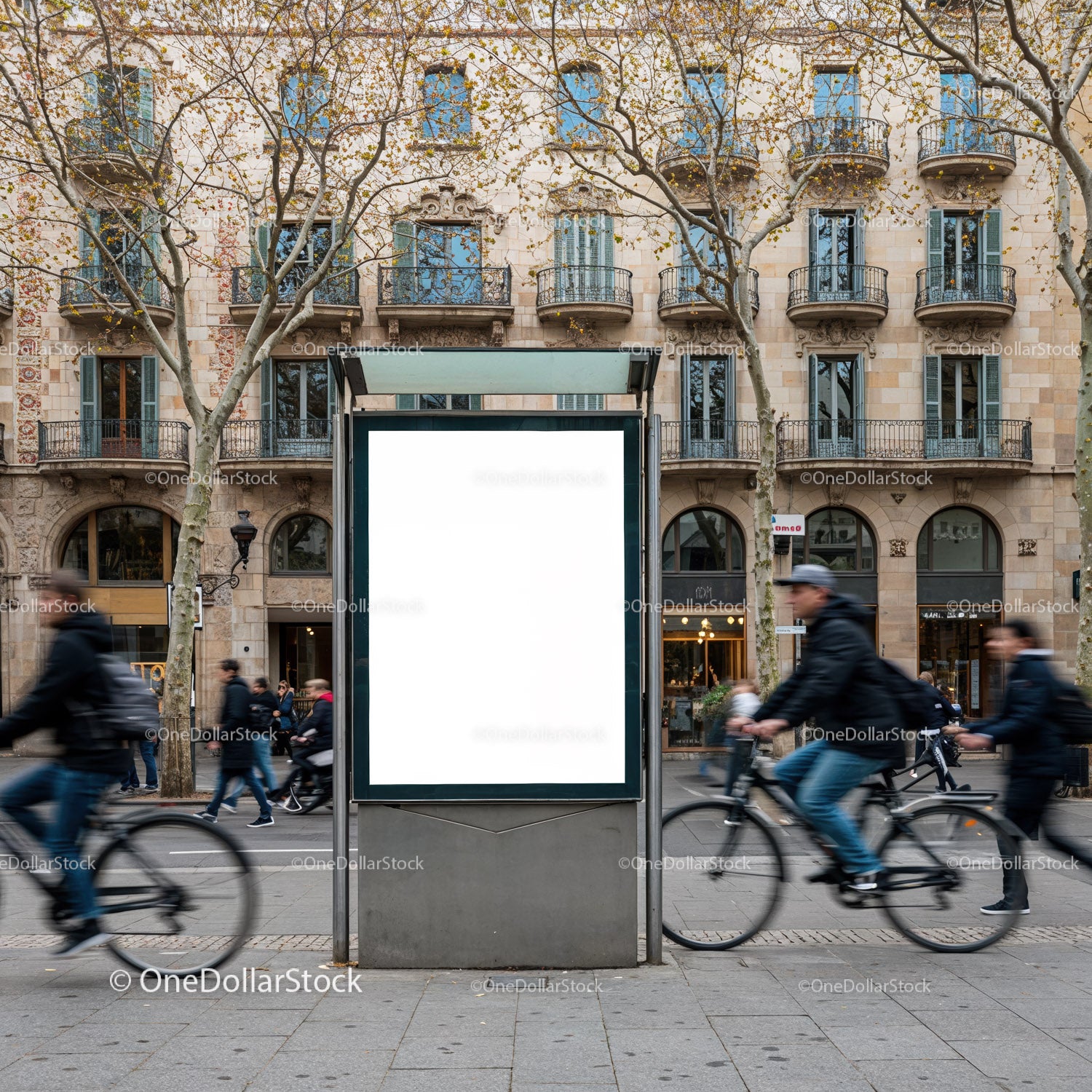 Urban street scene with cyclists and blank billboard