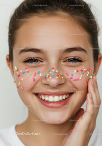 Smiling Woman with Colorful Sprinkles on Face in Close-Up Portrait