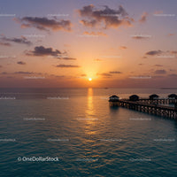 Sunset over the Ocean with Overwater Bavilions and Scenic Sky