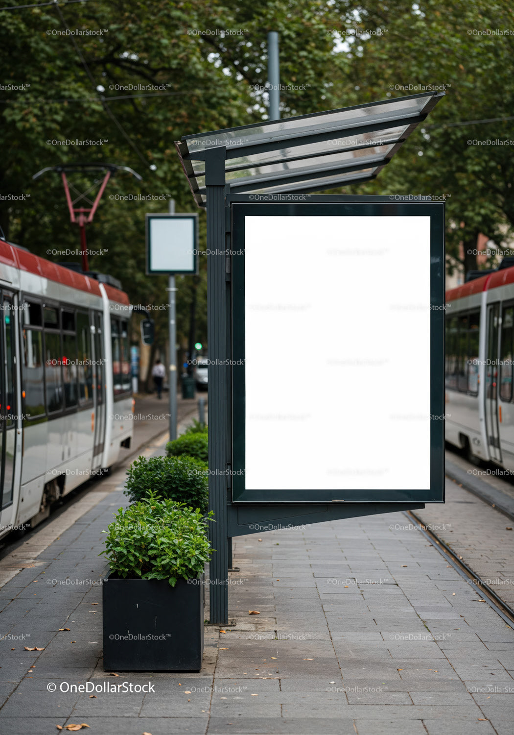 Urban Tram Stop with Blank Advertising Display Panel