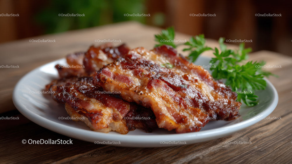 Grilled Barbecue Ribs on Rustic Wooden Table with Parsley Garnish