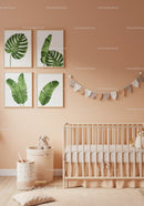 Modern Baby Nursery with Monstera Leaf Wall Art and Beige Decor