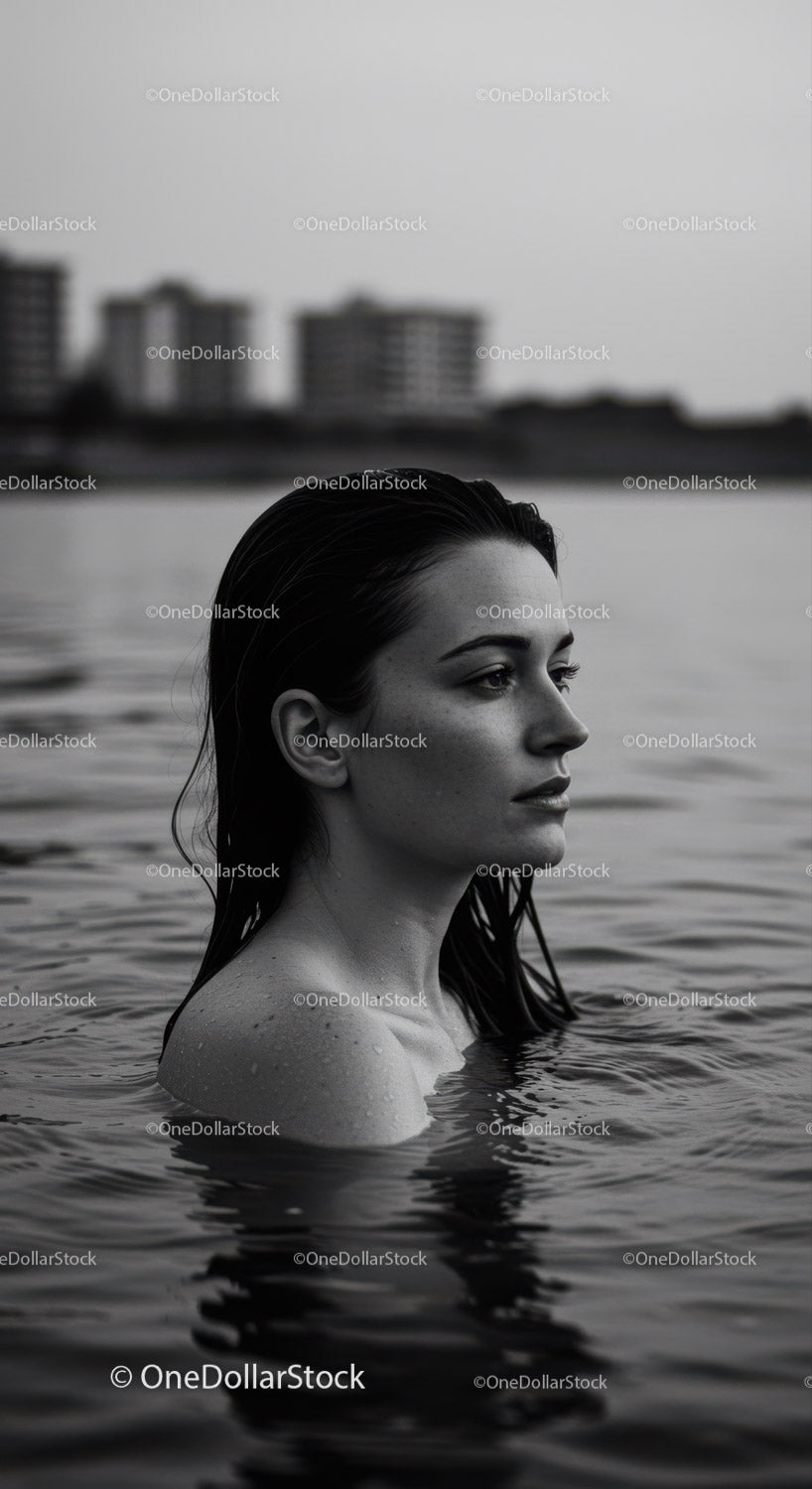Serene Female Portrait in Water with Urban Background