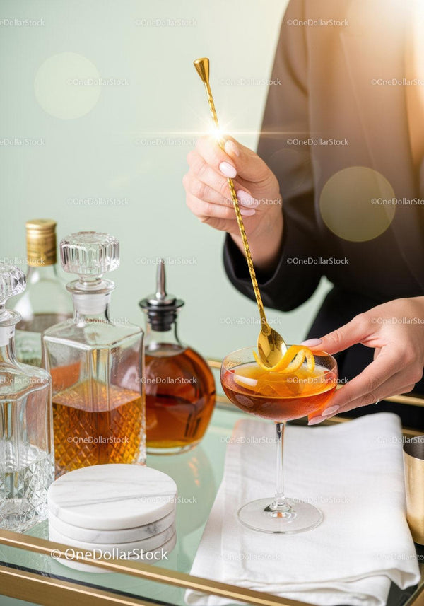 Elegant Cocktail Preparation with Gold Spoon and Barware