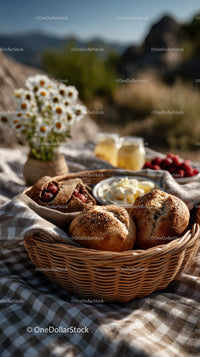 Outdoor Picnic with Fresh Baked Bread and Honey Jars in Sunlight