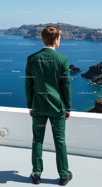 Man in green suit overlooking serene coastal landscape