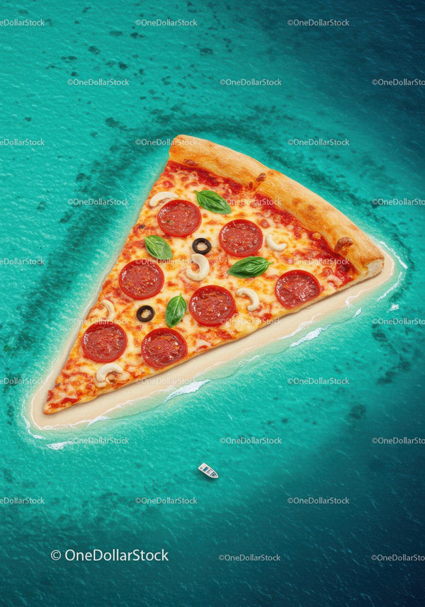 Creative aerial view of pizza slice island in ocean