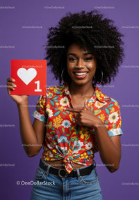 Young Woman with Large Afro Smiling and Pointing at Red Heart Sign