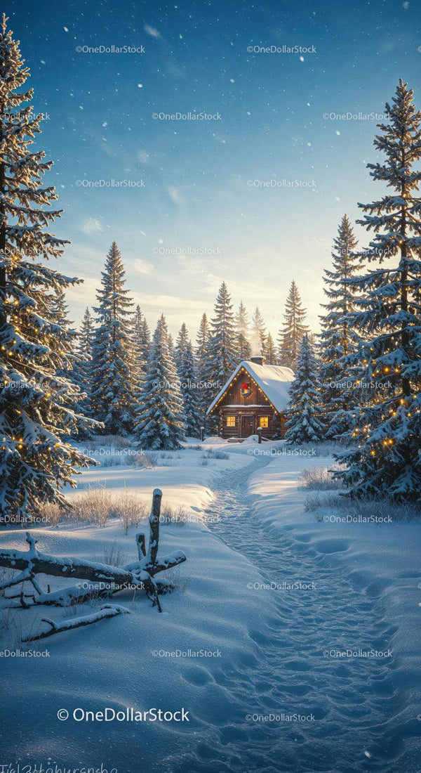 Cozy Winter Cabin Surrounded by Snowy Pine Trees