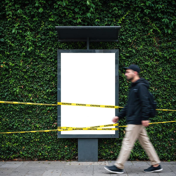 Man walking past caution taped empty billboard against green wall JPG Mockup Image