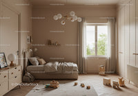 Modern Children's Bedroom with Soft Neutral Decor and Wooden Toys