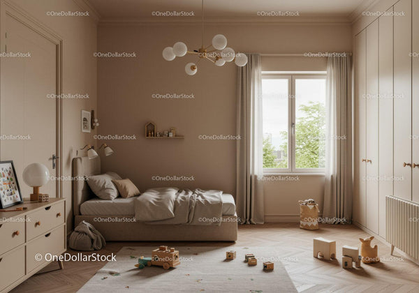 Modern Children's Bedroom with Soft Neutral Decor and Wooden Toys