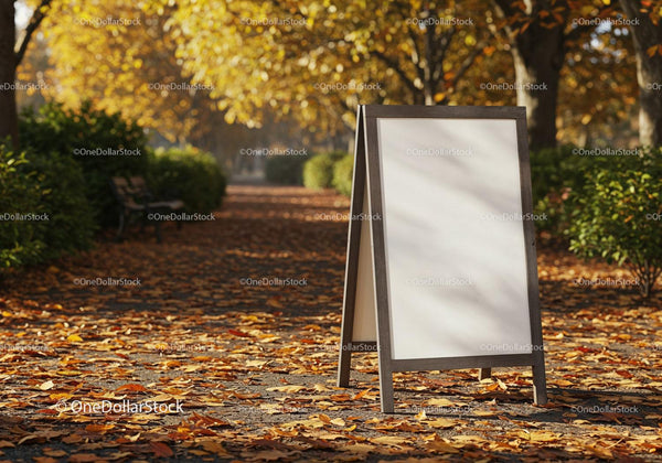 Pusty tablica A-frame na ścieżce pokrytej liśćmi jesienią