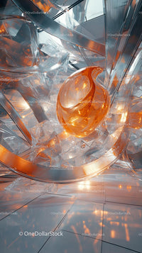 Abstract Orange Glass Sculpture with Metal Elements in Modern Interior