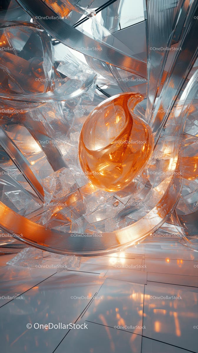 Abstract Orange Glass Sculpture with Metal Elements in Modern Interior