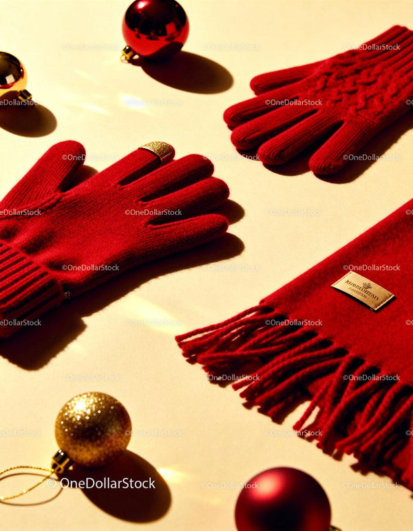 Red Winter Gloves and Scarf with Festive Decorations