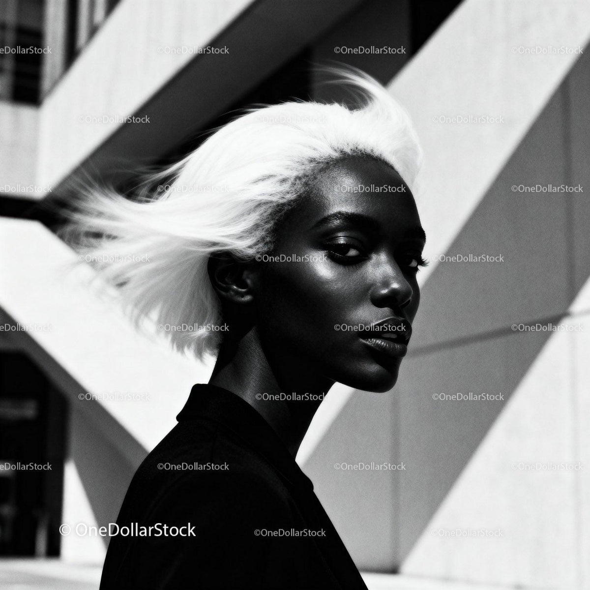 Confident Woman with White Hair in Urban Setting