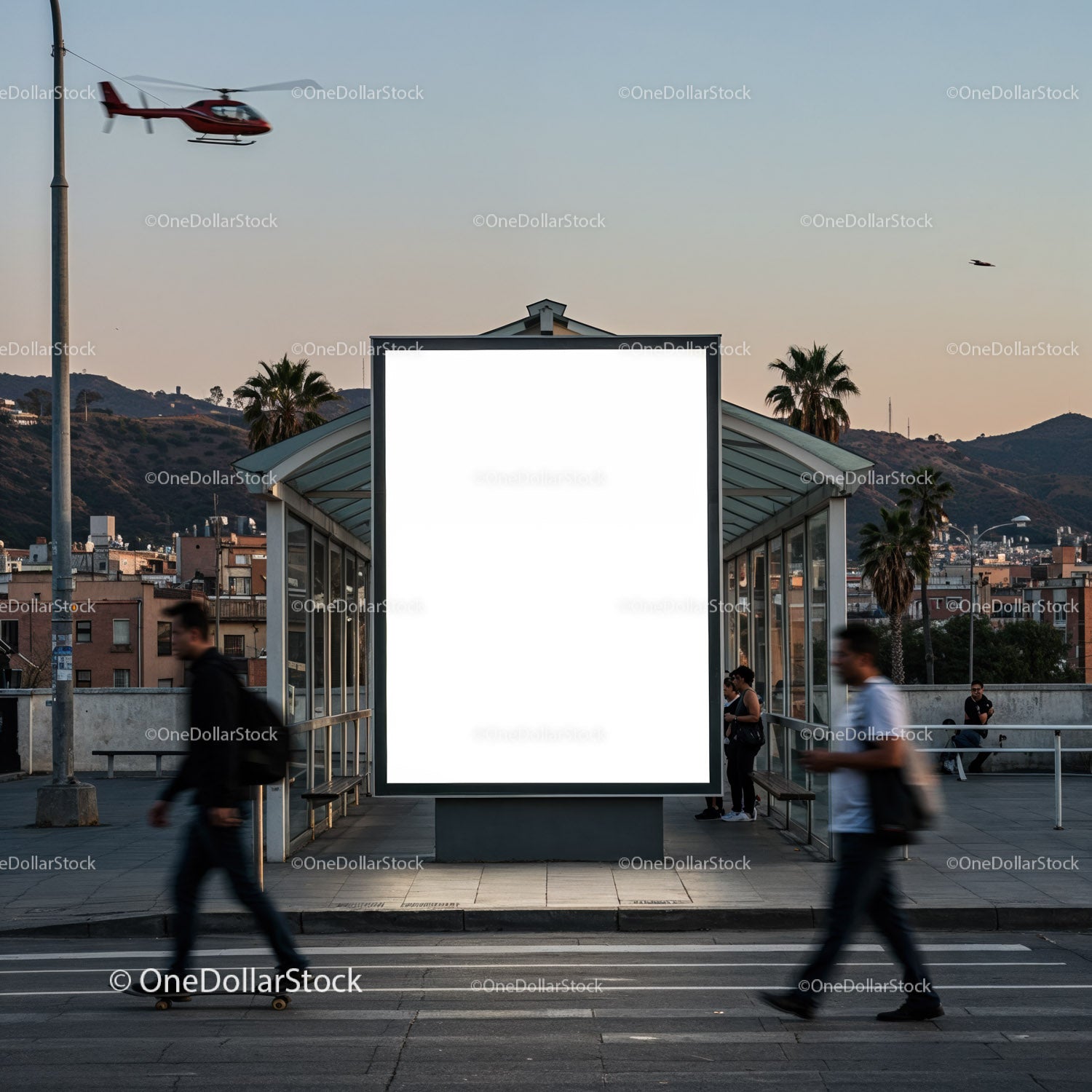Urban bus stop with blank billboard at dusk