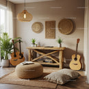 Cozy rustic living room corner with guitars and plants