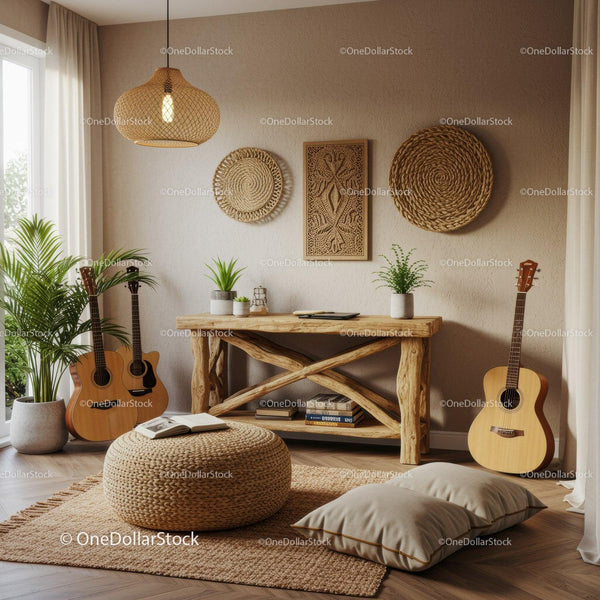 Cozy rustic living room corner with guitars and plants