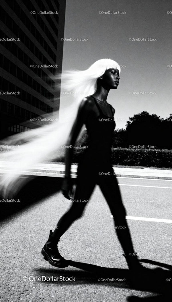 Confident woman walking with flowing white hair in city