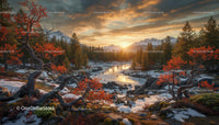 Autumn Sunset Over Snowy Mountain River Landscape