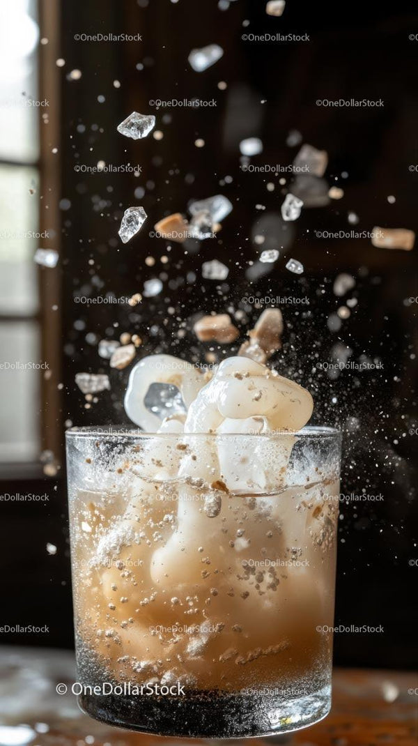 Ice Cubes Splash into Glass of Cold Fizz Beverage