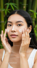 Young Woman Applying Skin Cream Outdoors with Natural Background
