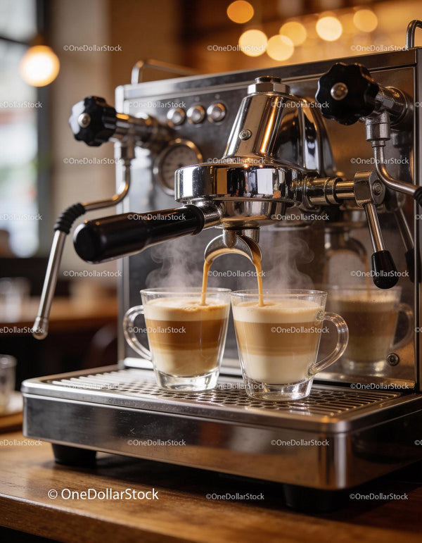 Espresso machine brewing two creamy cappuccinos