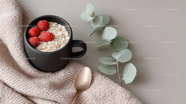 Black Mug with Oatmeal and Raspberries on Cozy Textured Blanket