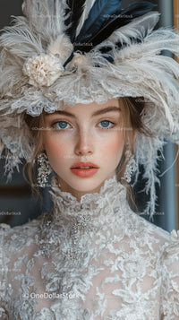 Elegant Woman in Lace Dress with Feathered Headpiece