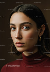 Elegant Woman with Green Eyes and Dark Hair Wearing Red Turtleneck