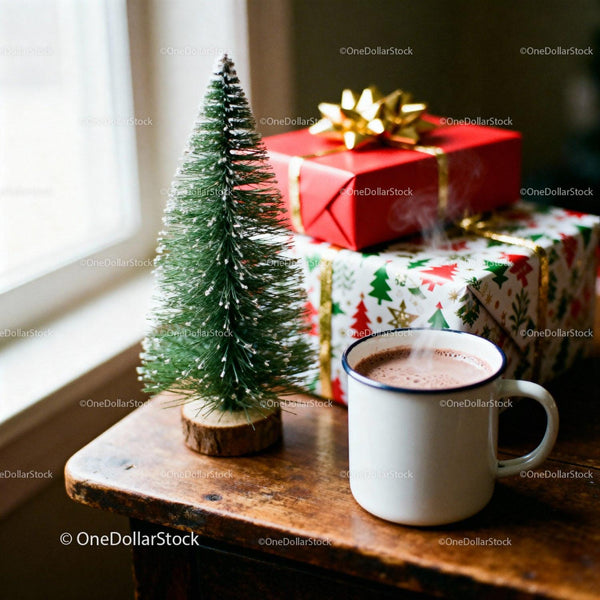 Cozy hot chocolate with Christmas gifts and mini tree