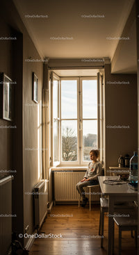 Child Sitting by the Window in Cozy Kitchen