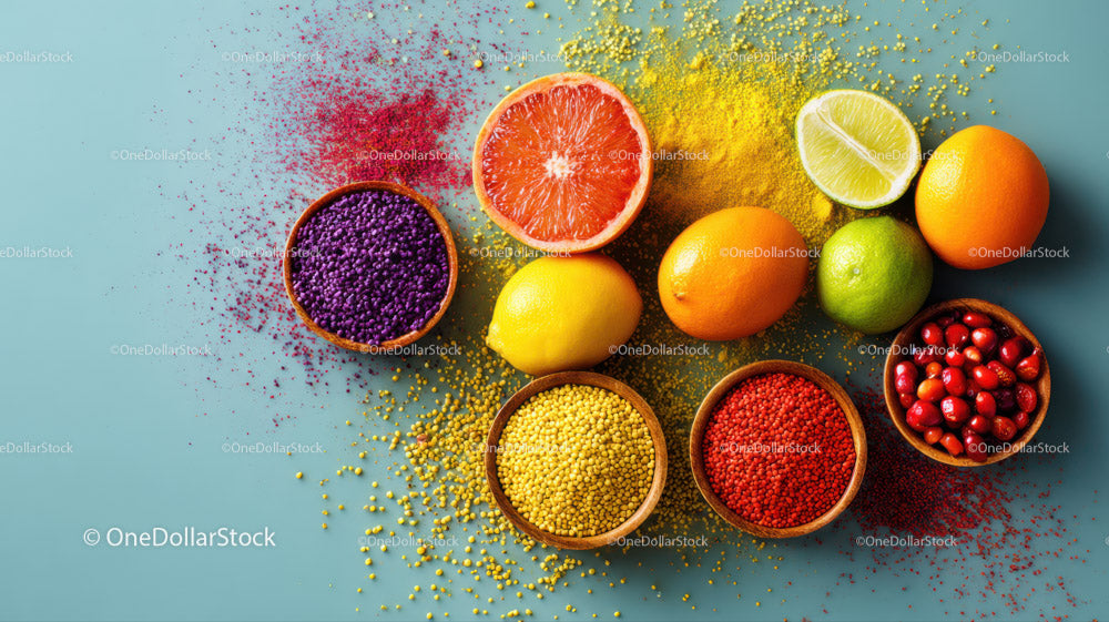 Vibrant Citrus and Berry Fruit Arrangement with Colorful Powders