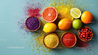 Vibrant Citrus and Berry Fruit Arrangement with Colorful Powders