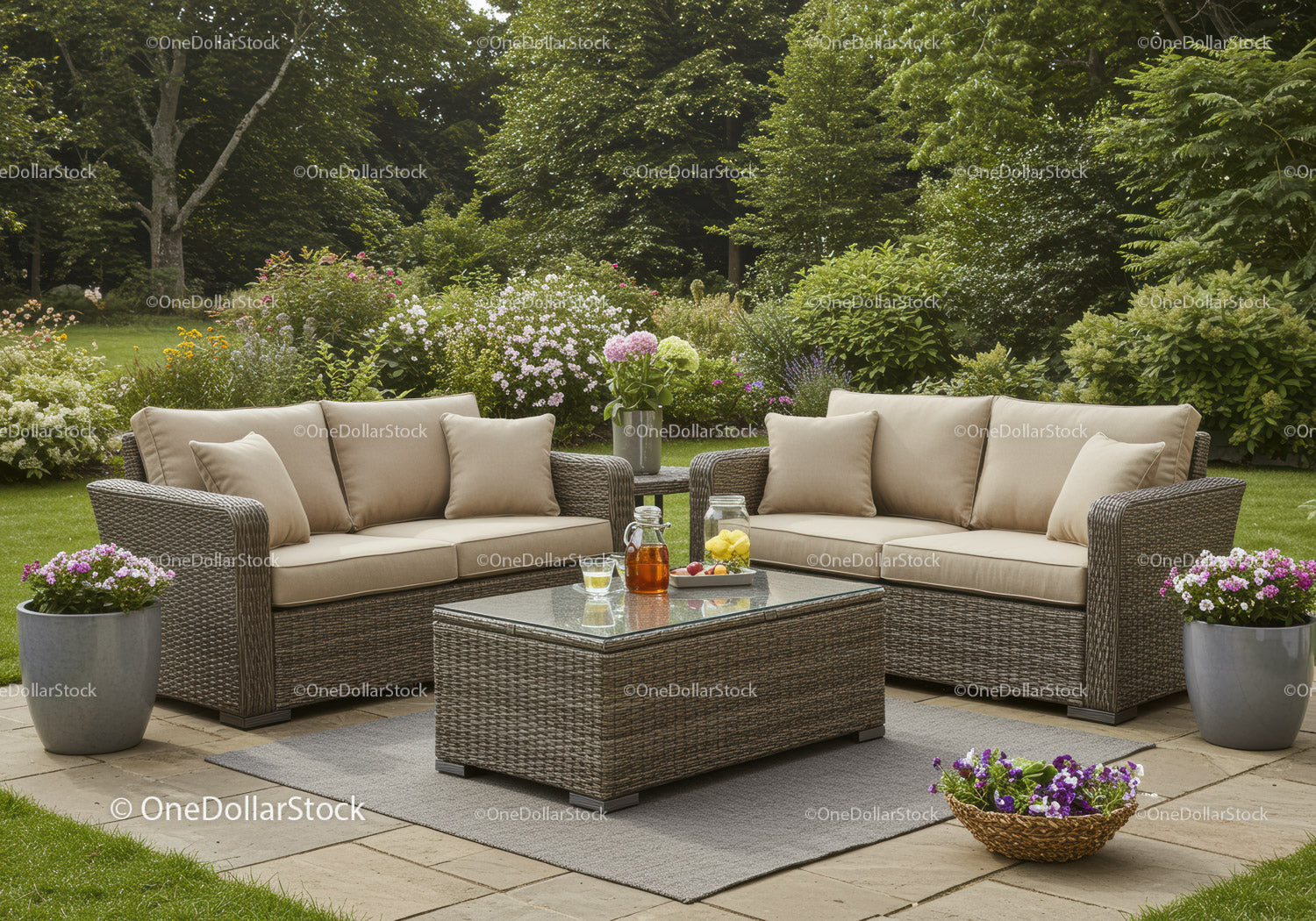 Elegant Outdoor Garden Sofa Set with Cushions and Flower Arrangements