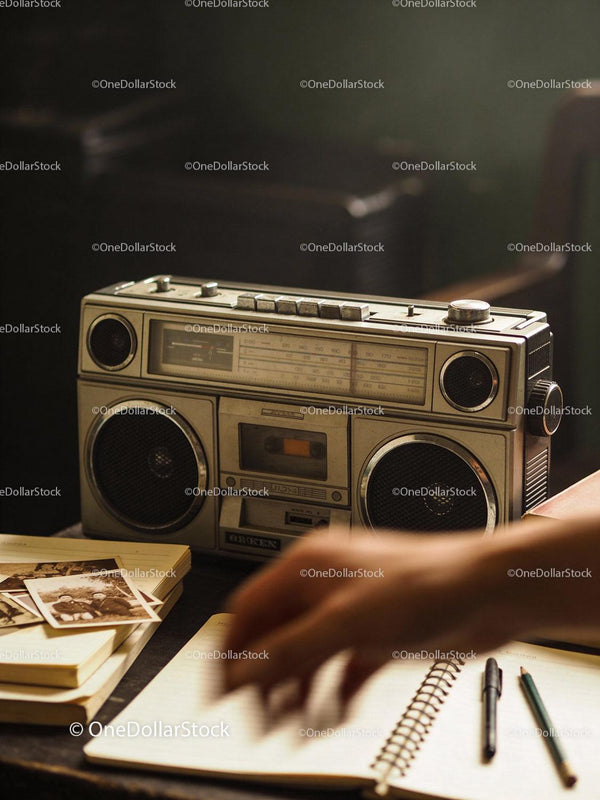 Wintageczny odtwarzacz kaset z starymi fotografiami i notesem