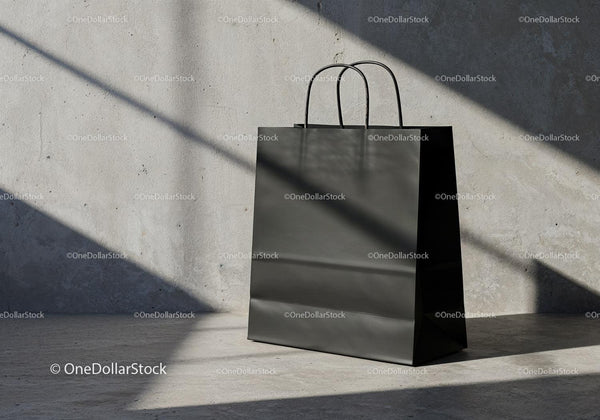 Matte black paper shopping bag with natural shadows JPG Mockup Image