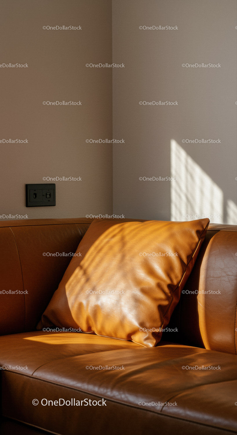 Skórzana sofa z poduszką w przytulnym salonie ze światłem słonecznym