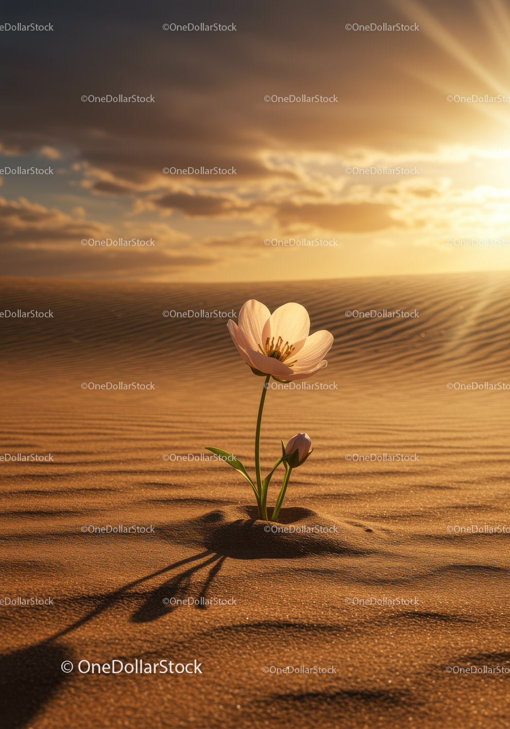 Delicate flower blooming alone in vast desert sand