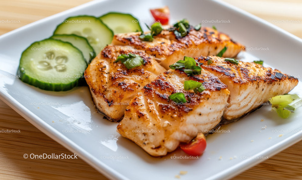 Grilled Tuna Steak with Cucumber Slices and Olive Oil Dip