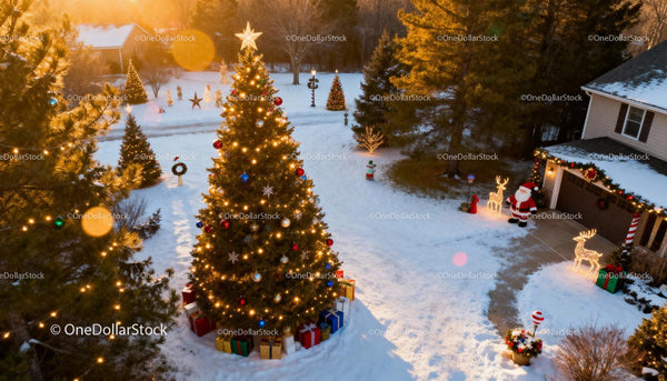 Festive Christmas Tree and Decorated Winter Yard at Sunset