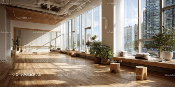 Bright Modern Yoga Studio with Large Windows and Indoor Plants