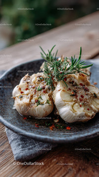 Roasted Garlic Cloves with Herbs on Black Ceramic Plate