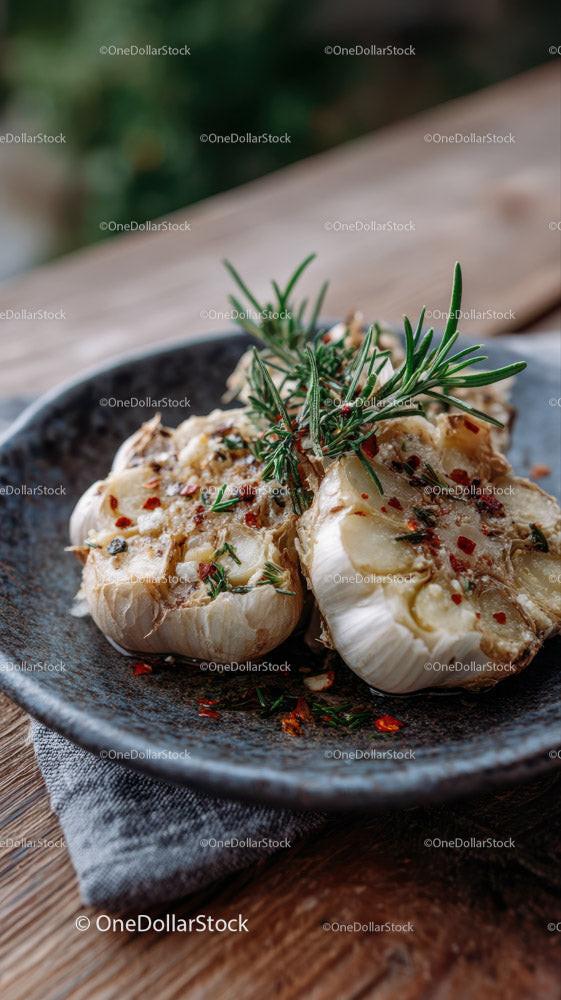 Roasted Garlic Cloves with Herbs on Black Ceramic Plate
